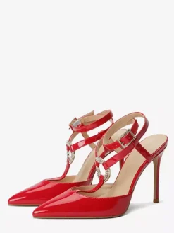 Red High Heels Pointed Toe Rhinestones Strappy Pumps For Women