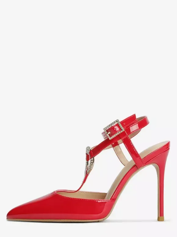 Red High Heels Pointed Toe Rhinestones Strappy Pumps For Women