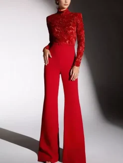 Red Jumpsuit with Lace Top High Neck Long Sleeve Flare Leg Semi-formal Party Wear For Women 2026