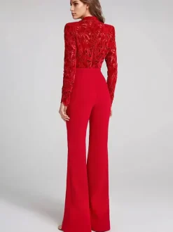 Red Jumpsuit with Lace Top High Neck Long Sleeve Flare Leg Semi-formal Party Wear For Women 2026