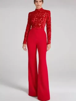 Red Jumpsuit with Lace Top High Neck Long Sleeve Flare Leg Semi-formal Party Wear For Women 2026