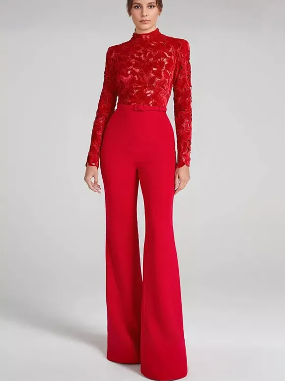 Red Jumpsuit with Lace Top High Neck Long Sleeve Flare Leg Semi-formal Party Wear For Women 2026