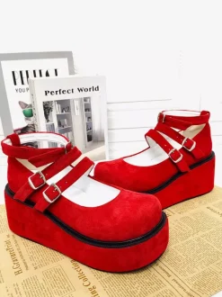 Red Lolita Pumps Platform Ankle Buckles Round Toe PU Leather Lolita Shoes