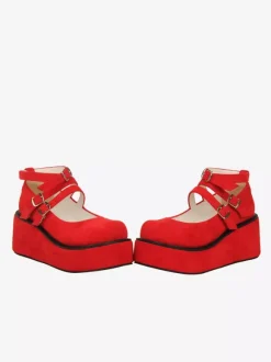 Red Lolita Pumps Platform Ankle Buckles Round Toe PU Leather Lolita Shoes