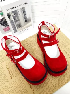 Red Lolita Pumps Platform Ankle Buckles Round Toe PU Leather Lolita Shoes