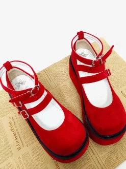 Red Lolita Pumps Platform Ankle Buckles Round Toe PU Leather Lolita Shoes