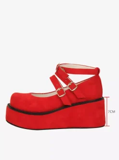 Red Lolita Pumps Platform Ankle Buckles Round Toe PU Leather Lolita Shoes