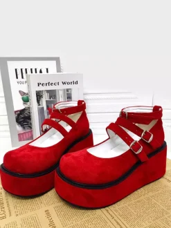 Red Lolita Pumps Platform Ankle Buckles Round Toe PU Leather Lolita Shoes
