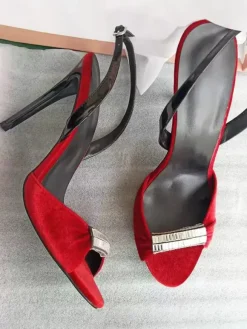 Red Prom Party Shoes Velvet Open Toe Beaded Slingback High Heel Sandals