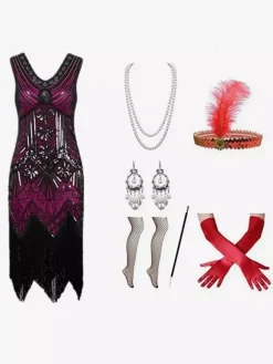 Red Retro Costumes Fringe Polyester Marie Antoinette Costume Dress Women's Retro Set Party Prom Dress Burgundy