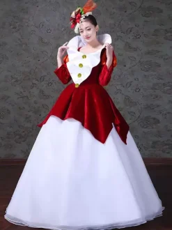 Red Retro Costumes Women's Color Block Pleated Polyester Marie Antoinette Costume Set Dress Hat Retro Vintage Clothing Burgundy