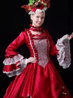 Red Retro Tudor Dress Costumes Lace Polyester Dress Women's Vintage Tunic Marie Antoinette Costume 18th Century Costume Burgundy