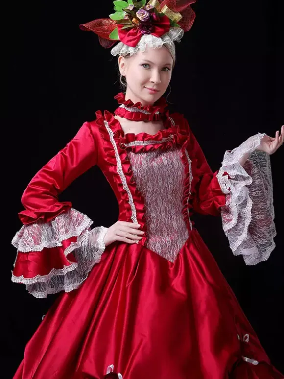 Red Retro Tudor Dress Costumes Lace Polyester Dress Women's Vintage Tunic Marie Antoinette Costume 18th Century Costume Burgundy