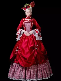Red Retro Tudor Dress Costumes Lace Polyester Dress Women's Vintage Tunic Marie Antoinette Costume 18th Century Costume Burgundy