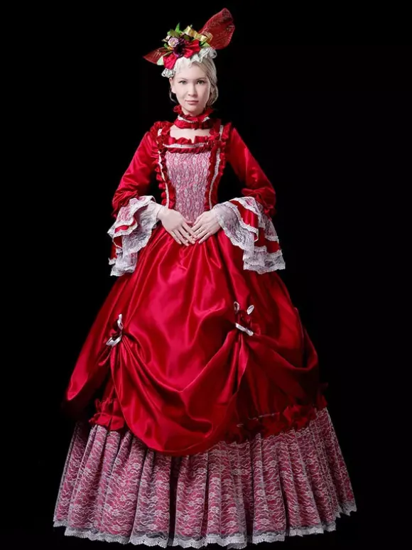 Red Retro Tudor Dress Costumes Lace Polyester Dress Women's Vintage Tunic Marie Antoinette Costume 18th Century Costume Burgundy