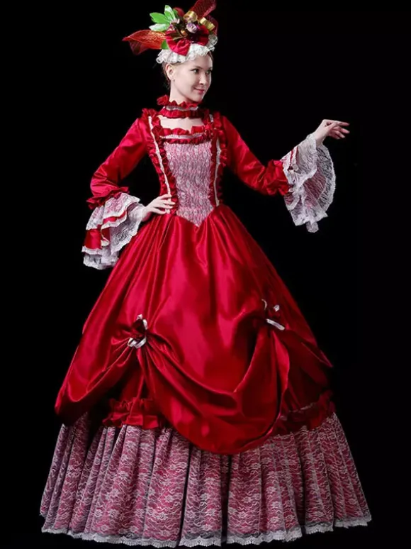 Red Retro Tudor Dress Costumes Lace Polyester Dress Women's Vintage Tunic Marie Antoinette Costume 18th Century Costume Burgundy