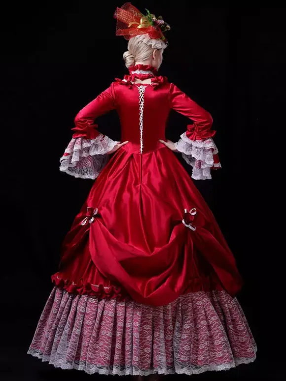 Red Retro Tudor Dress Costumes Lace Polyester Dress Women's Vintage Tunic Marie Antoinette Costume 18th Century Costume Burgundy