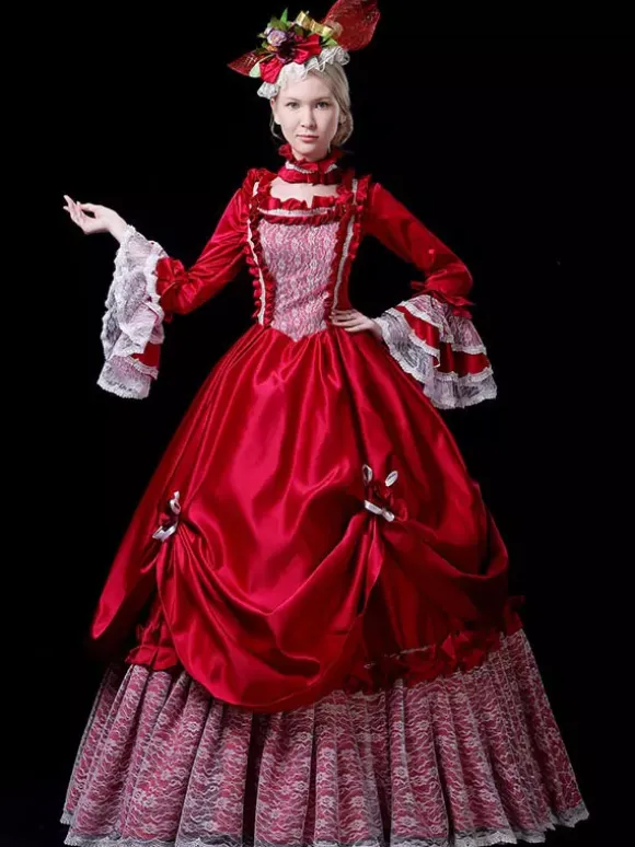 Red Retro Tudor Dress Costumes Lace Polyester Dress Women's Vintage Tunic Marie Antoinette Costume 18th Century Costume Burgundy
