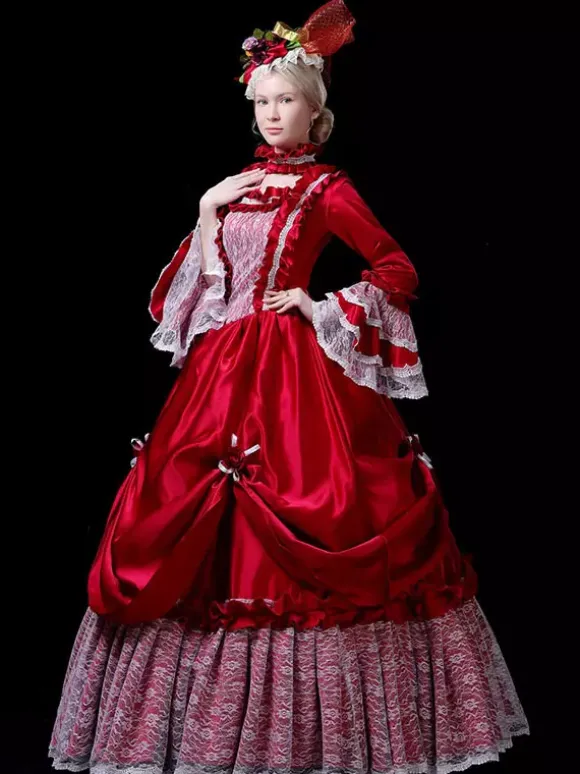 Red Retro Tudor Dress Costumes Lace Polyester Dress Women's Vintage Tunic Marie Antoinette Costume 18th Century Costume Burgundy