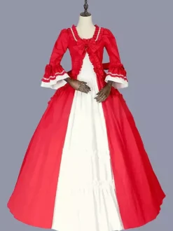 Red Retro Tudor Dress Costumes Women's Bows Polyester Marie Antoinette Costume Tunic Dress Retro Masquerade Ball Gown
