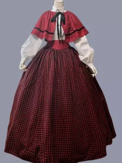Red Retro Tudor Dress Costumes Women's Plaid Ruffles Polyester Marie Antoinette Costume Tunic Dress Cloak Retro Party Prom Dress Burgundy