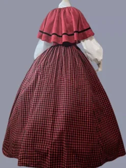 Red Retro Tudor Dress Costumes Women's Plaid Ruffles Polyester Marie Antoinette Costume Tunic Dress Cloak Retro Party Prom Dress Burgundy
