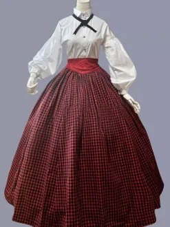 Red Retro Tudor Dress Costumes Women's Plaid Ruffles Polyester Marie Antoinette Costume Tunic Dress Cloak Retro Party Prom Dress Burgundy