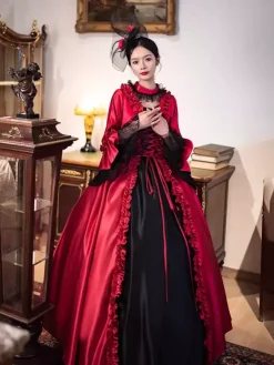 Red Retro Victorian Dress Long Flare Sleeves Rococo Maxi Ball Dress With Headwear