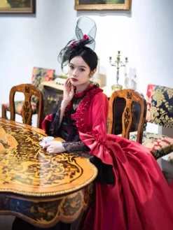 Red Retro Victorian Dress Long Flare Sleeves Rococo Maxi Ball Dress With Headwear