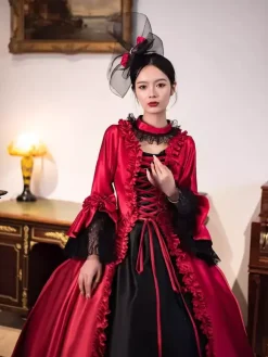 Red Retro Victorian Dress Long Flare Sleeves Rococo Maxi Ball Dress With Headwear