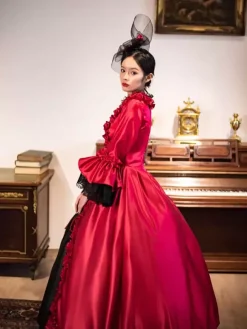 Red Retro Victorian Dress Long Flare Sleeves Rococo Maxi Ball Dress With Headwear