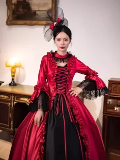 Red Retro Victorian Dress Long Flare Sleeves Rococo Maxi Ball Dress With Headwear