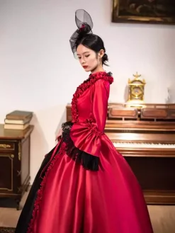 Red Retro Victorian Dress Long Flare Sleeves Rococo Maxi Ball Dress With Headwear