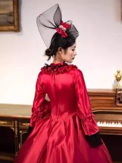 Red Retro Victorian Dress Long Flare Sleeves Rococo Maxi Ball Dress With Headwear