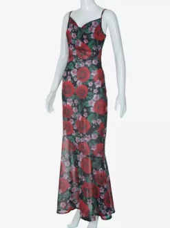 Red Rose Print Spaghetti Strap Maxi Dress For Women Romantic Style