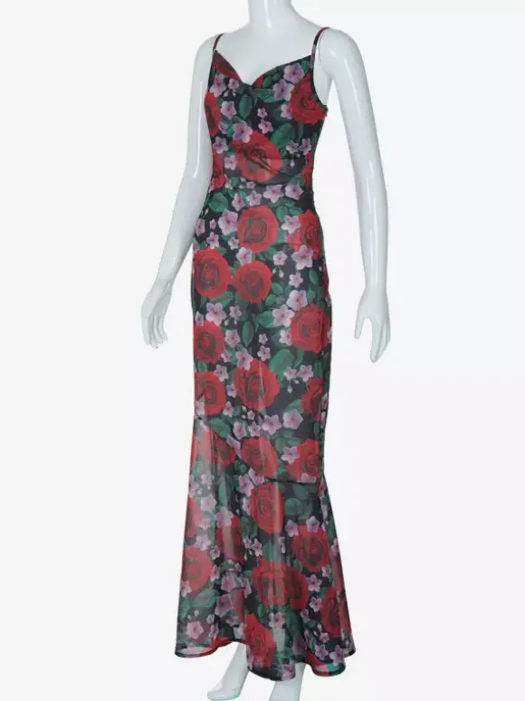 Red Rose Print Spaghetti Strap Maxi Dress For Women Romantic Style