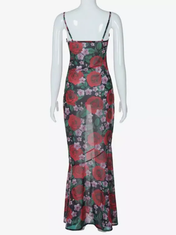 Red Rose Print Spaghetti Strap Maxi Dress For Women Romantic Style