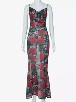 Red Rose Print Spaghetti Strap Maxi Dress For Women Romantic Style