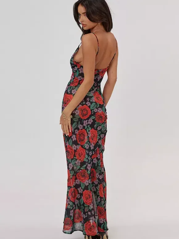 Red Rose Print Spaghetti Strap Maxi Dress For Women Romantic Style