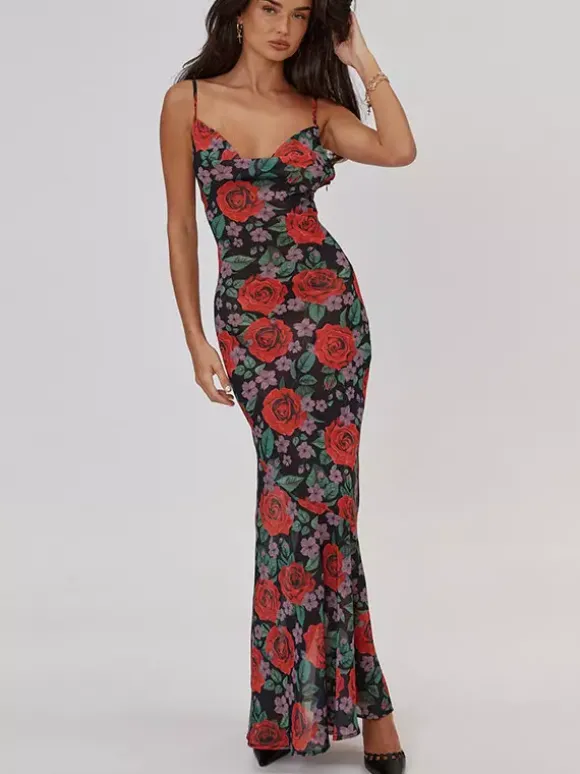 Red Rose Print Spaghetti Strap Maxi Dress For Women Romantic Style