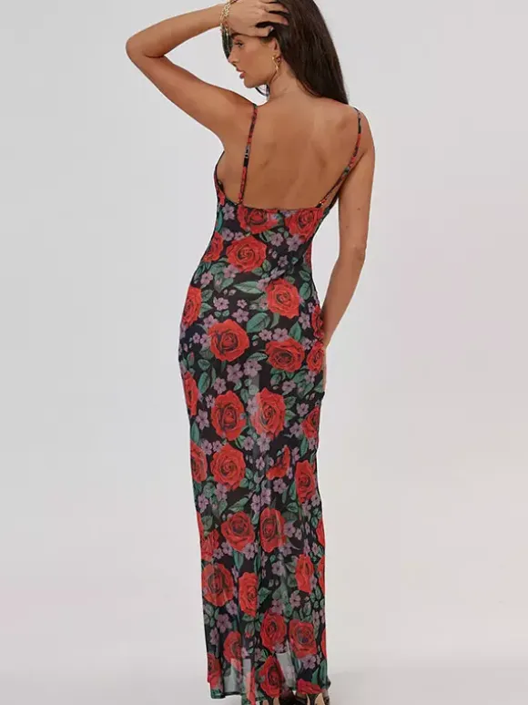 Red Rose Print Spaghetti Strap Maxi Dress For Women Romantic Style