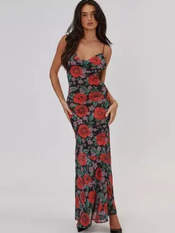Red Rose Print Spaghetti Strap Maxi Dress For Women Romantic Style