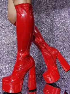 Red Sexy Boots Platform Patent PU Upper Chunky Heel Unisex GO GO Boots
