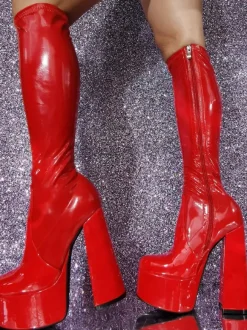 Red Sexy Boots Platform Patent PU Upper Chunky Heel Unisex GO GO Boots