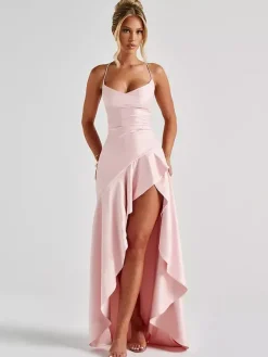 Red Strapless High Slit Satin Maxi Gown For Women Bold Formal Style