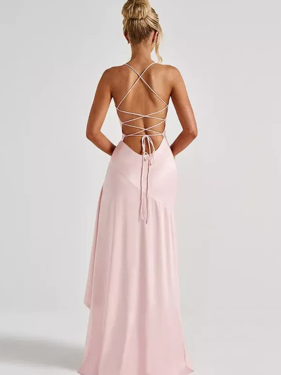 Red Strapless High Slit Satin Maxi Gown For Women Bold Formal Style
