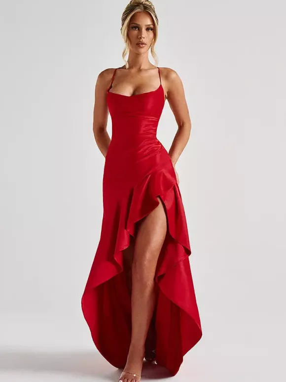 Red Strapless High Slit Satin Maxi Gown For Women Bold Formal Style