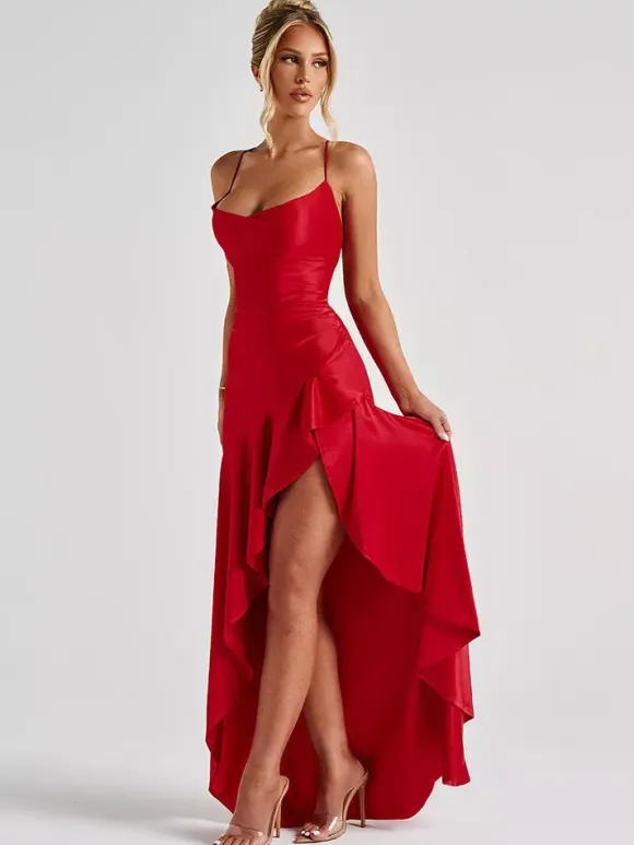 Red Strapless High Slit Satin Maxi Gown For Women Bold Formal Style