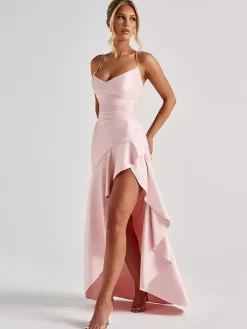 Red Strapless High Slit Satin Maxi Gown For Women Bold Formal Style