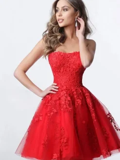 Red Strapless Homecoming Dress 2026 Lace Sexy Party Dress Cocktail Dresses Free Customization
